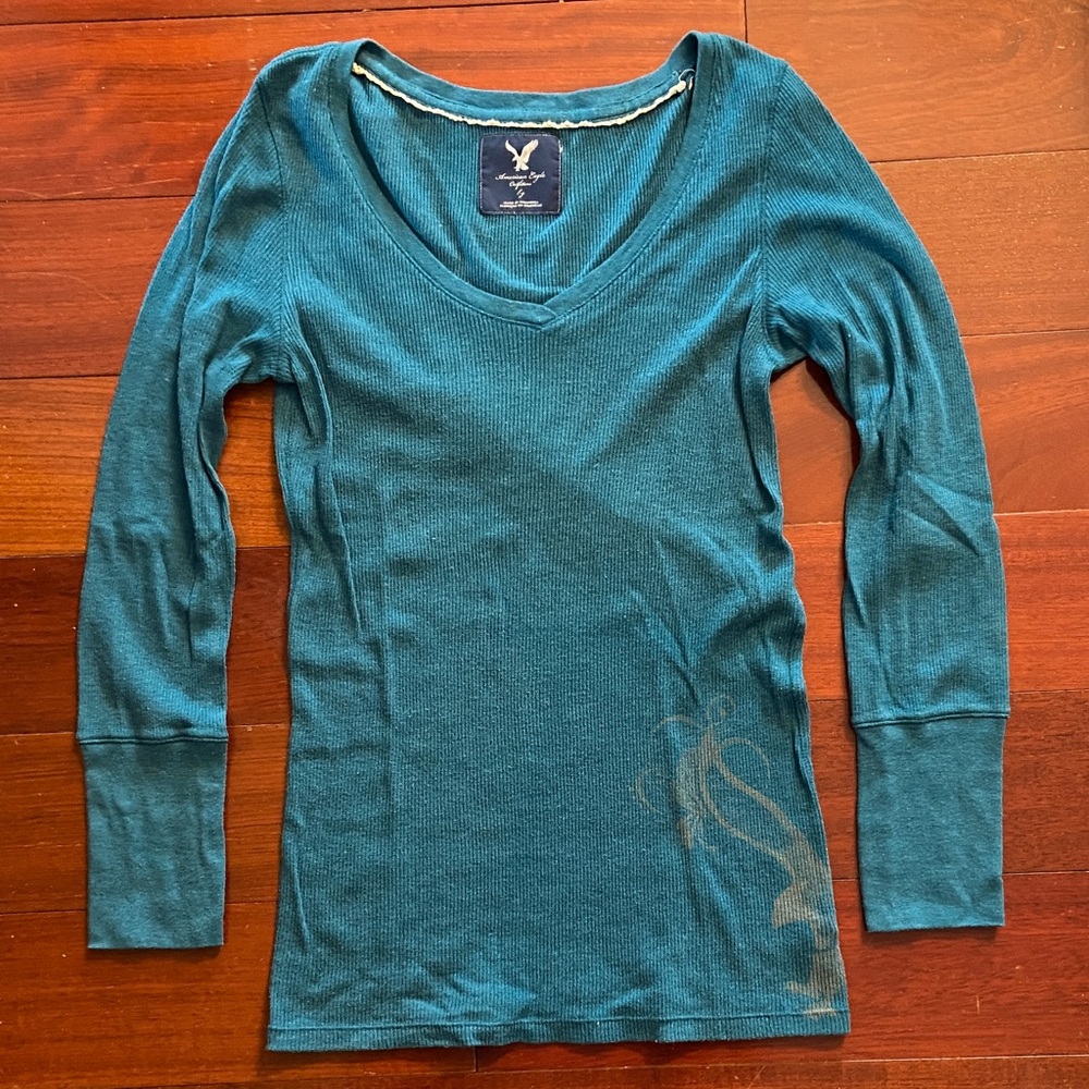 Vintage American Eagle Teal Long Sleeve V-Neck Top